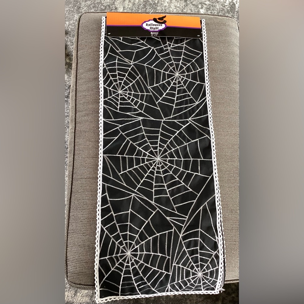 Halloween Table Runner, Black with Silver Spider Webs, 14x72, Polyester,